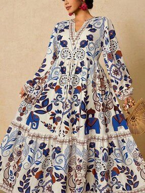 multicolor Boho Women's Plus Size Floral Long Sleeve maxi Dress